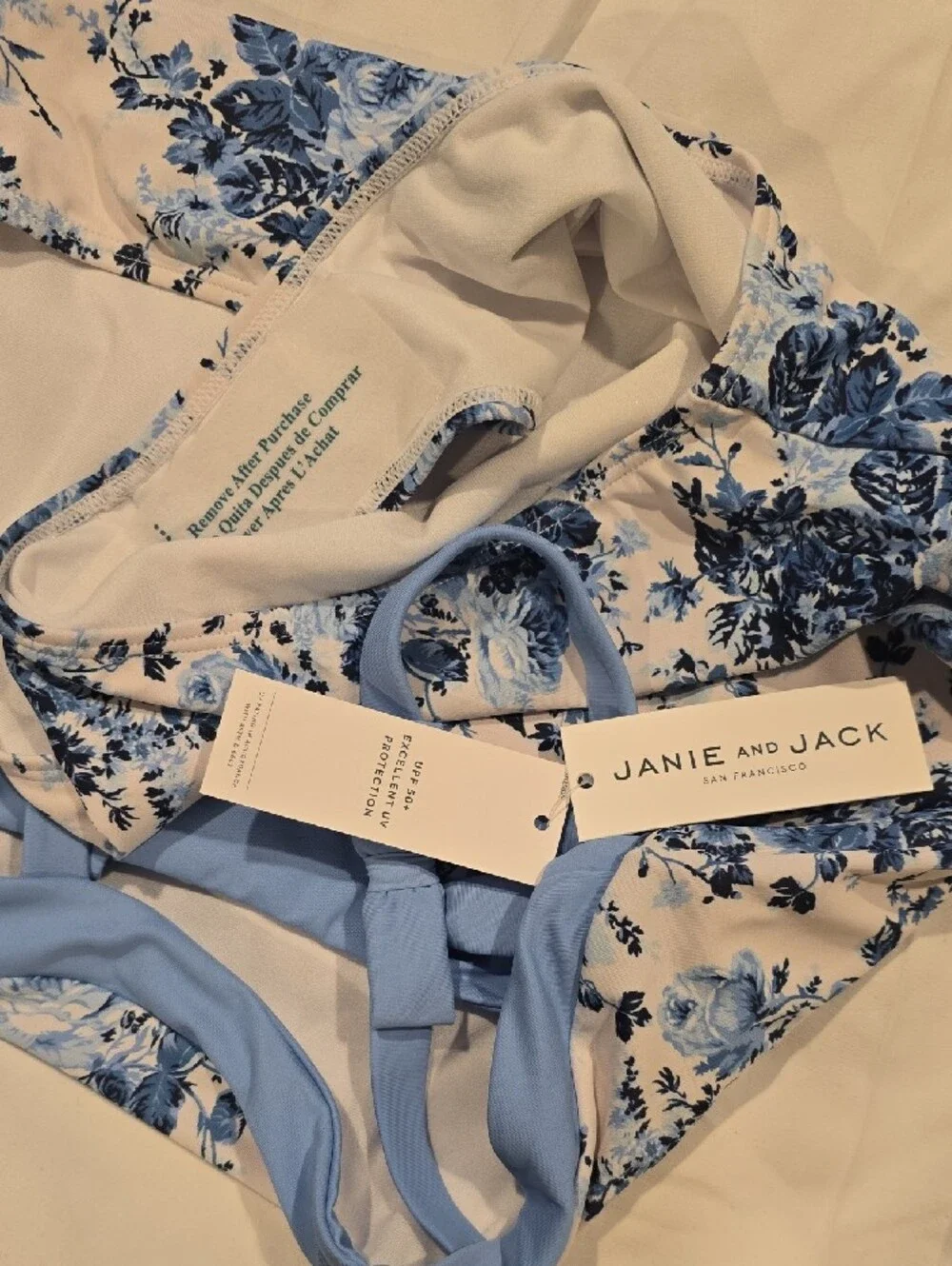 Janie and Jack Light Blue Floral One-Piece Swimmsuit Wit Bow Straps Size 18Girls
